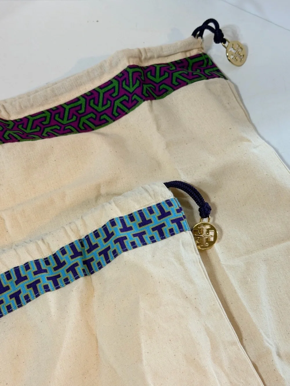 Tory Burch Canvas Drawstring Bags with Blue &‎ Purple Trim